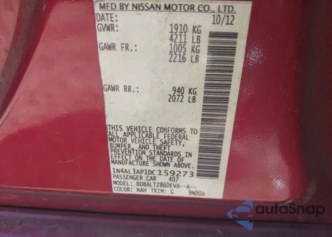 2013 Nissan Altima 2.5 Sv from USA, damaged, VIN 1N4AL3AP1DC159273